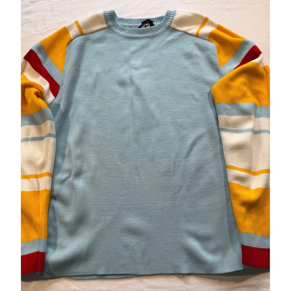 Vintage JKP Colorblock Striped Knit Ski Sweater Blue Yellow Red Crewneck Retro